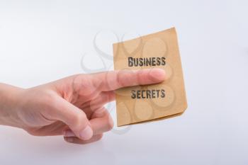 Hand holding  brown sheet paper with BUSINESS SECRETS text on white background