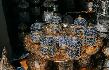 Hand made multicolor Turkish coffee cups in market