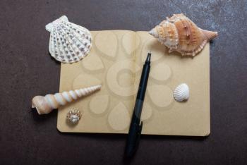 Pen and seashells on  a notebook  with on  brown color background