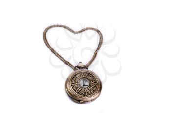 Retro styled pocket watch and its chain form a heart on a white background