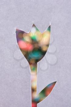 Tulip shape cut out of a paper with a colorful background