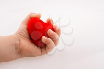 Little red color heart shape in hand on white background