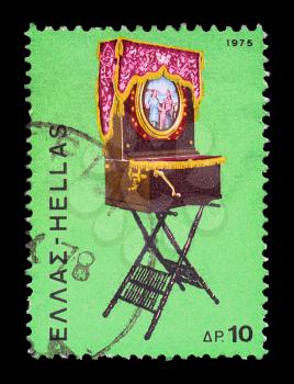 GREECE - CIRCA 1975. Vintage postage stamp with traditional Greek laterna music box portable barrel piano illustration, circa 1975.