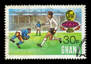 GHANA - CIRCA 1974. Vintage canceled postage stamp for the world football cup in Munich with soccer match in stadium illustration, circa 1974.