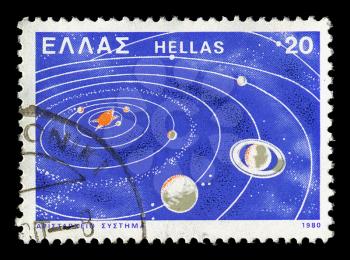 GREECE - CIRCA 1980. Vintage postage stamp printed by the Hellenic Post shows illustration of the first heliocentric model of the solar system as conceived by ancient Greek astronomer Aristarchus, circa 1980.