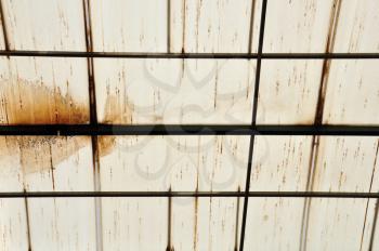 Detail of dirty glasshouse roof. Abstract background stains on transparent surface.