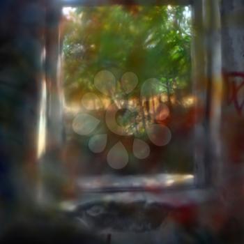 Old window view to nature scene. Abstract landscape blur through painted glass.