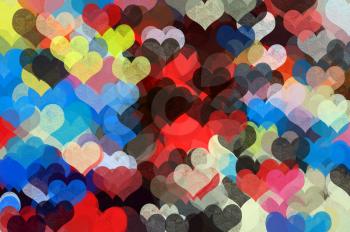 Colorful hearts pattern abstract grungy illustration. Love and romance background.