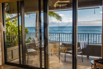 A room looks out to the sea in Maui, Hawaii.