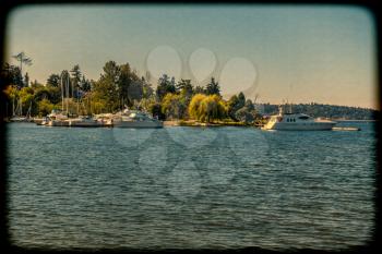 Artistic version of boats moored at a marina on Lake Washington.