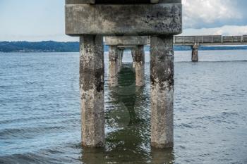 Pilings encrusted with barnacles are revealed at low tide. Location is Dash Point Washington in the Pacific Nortwest.