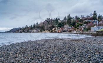 A view of homes along the shoreline in West Seattle, Washington.