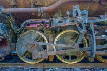 Closeup shot of old rusted train wheels. HDR image.