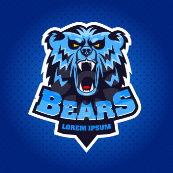 Bear Head Logo Mascot Emblem on shield. Talisman college sports teams, e-sport, school logo, tattoo, avatar, print t-shirt. The design of the character of a wild grizzly. Vector illustration.
