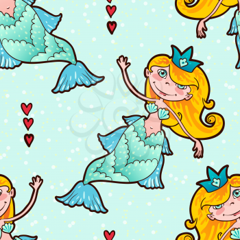Sweetheart mermaid seamless pattern. Kawaii girl Naiad Maritime princess. Old school style. Endless For prints on T-shirts, bags, cards, tattoos. Vector illustration