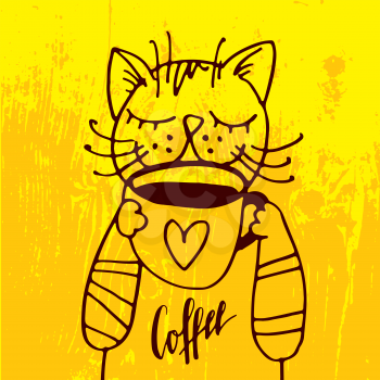 The cat is drinking a cup of coffee in the cozy yellow background. For the menu, coffee, tea, poster, print on t-shirt.
