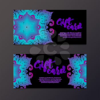 Rich gift certificates in the Indian style. Bohemian Cards with mandalas. Black and gold. Unique cards for printing supplies