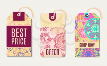 Set ethnic tag, gift coupon. Decorated with ornaments from flower mandalas. In Islamic, Ottoman, Moroccan, Indian style. Vintage vector designs