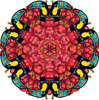 Round ornament style psychedelic 60s of bright tropical plant and animal cells, and toucan hibiscus. Eco mandala suitable for bio,  jungle prints on T-shirts, bags, soap, wedding invitations, tattoo.