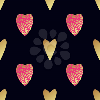 Seamless  pattern with gold hearts on a black background. Contemporary style perfect for wedding, valentines day, save the date, birthday invitation. Vector illustration