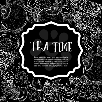 Time to drink tea. The square fashion white card, party invitation. Style hand-drawing.