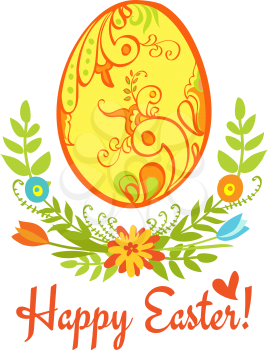Egg with ornament on a white background with green leaves and flowers and the words Happy Easter