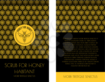 Zip package vector template for honey scrub. Luxurious design with gold and black. Label with the logo of a flying bee. For eco products of beekeeping, cosmetics, medicine. In a linear style.