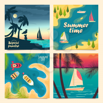Set of retro tourist posters. Boats at sea, view from the shore or from above. Day and sunset views. Summer vacation trips. Vector illustration.