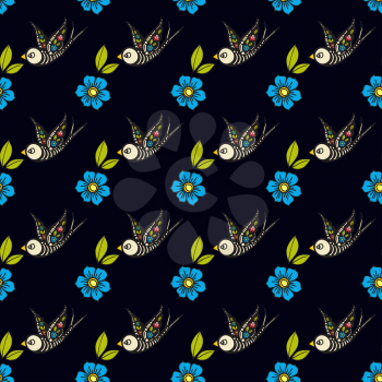 Swallows and flowers in an old-style tattoo. The day of the Dead. A seamless pattern on a black background. Texture for vintage scrapbooking, wrapping paper, textiles, web page, surface design fashion