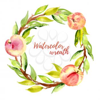 Peach watercolor wreath. Fruits, branches and leaves in the form of a circular frame on a white background. Isolated object. Printing on the pillow, bag, poster, packaging soap, cosmetics, food design