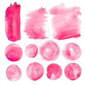 Set of pink watercolor stains. Swabs suitable for texture advertising banners, Women's logos, backgrounds for postcard, party poster, coupon, certificate and sale, business and invitation Card, Flyer.