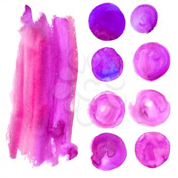 Set of Purple watercolor stains. Swabs suitable for texture advertising banners, Women's logos, backgrounds for postcard, party poster coupon, certificate and sale, business and invitation Card, Flyer