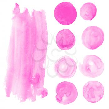 Set of pink watercolor stains. Swabs suitable for texture advertising banners, Women's logos, backgrounds for postcard, party poster, coupon, certificate and sale, business and invitation Card, Flyer.