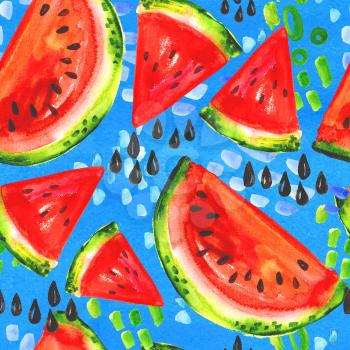 Juicy red watercolor watermelon on a blue background Seamless pattern Texture for scrapbooking wrapping paper textile, home decor, skin smartphones, website web page wallpaper surface design, fashion