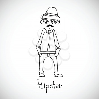 Hipster man stands alone in a hand drawn line. Line art. Vector illustration