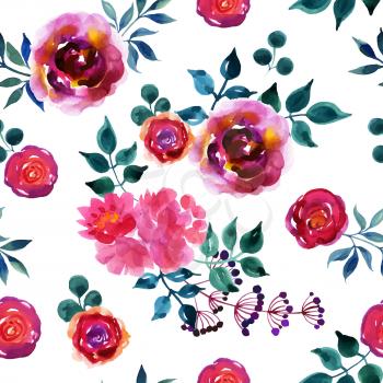 Beautiful hand-drawn flowers. Watercoloe floral seamless pattern. Vector background 