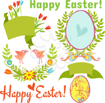 Set of vintage, Easter elements: flowers, eggs, Happy Easter labels, ribbons and birds on a white background for invitations, greetings, cards, use in design