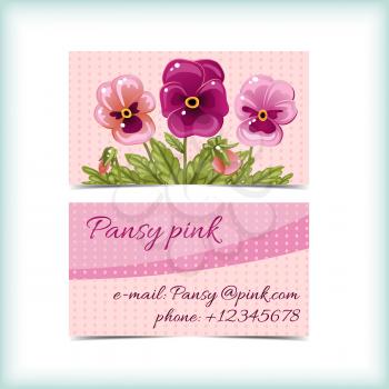 Business card for a florist, flower shop in gentle tones with pink pansies
