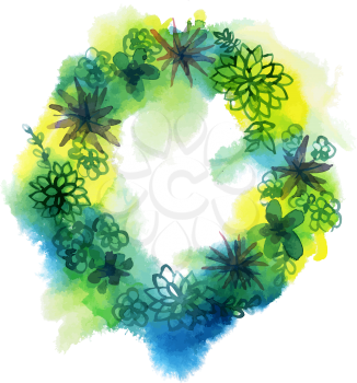 Watercolor succulent wreath. Round frame for text. Vector template