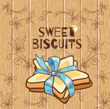 Cookies in the shape of a star with a blue ribbon on a wooden background. Star anise. Card.