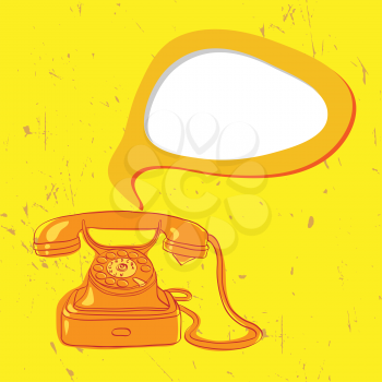 vintage orange telephone over yellow background and speech cloud