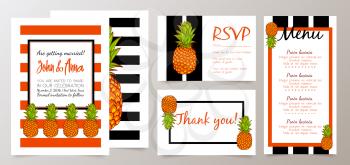 Save the Date, Wedding Invitation Card   with Retro Pineapples. Black and orange.