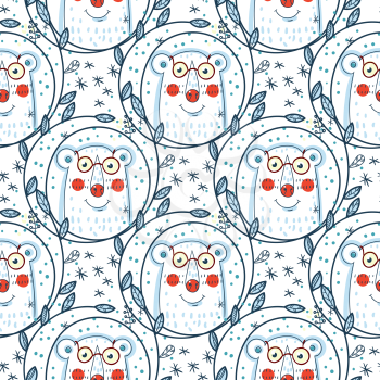 Christmas pattern with polar bears and wreaths.  Hand Drawn.