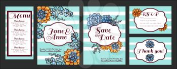 Wedding. Save The date, rsvp, menu, Thank you. Trend cards with succulents and striped background. Stylish and fashionable design template invitations. Central white copy space for your text.