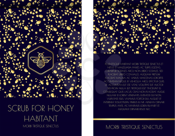 Zip package vector template for honey scrub. Luxurious design with gold and black. Label with the logo of a flying bee. For eco products of beekeeping, cosmetics, medicine. In a linear style.