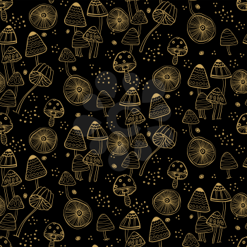Seamless pattern with fantasy mushrooms. Fairy boletus on a dark background. Vector illustration. Texture for scrapbooking, wrapping paper, textiles, web page, wallpapers, surface design, fashion