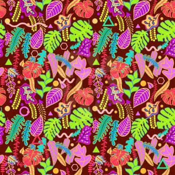 Tropical vibrant background with tropical leaves print seamless pattern. Vibratory pink colors of the jungle in the style of memphis, punk, neurofunk, trance, rave. Fashionable decorative textures