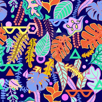 Tropical vibrant background with tropical leaves print seamless pattern. Vibratory pink colors of the jungle in the style of memphis, punk, neurofunk, trance, rave. Fashionable decorative textures