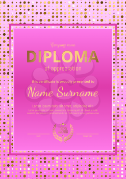 Beauty diploma, certificate of pink color. Vertical orientation. gold print, frame, luxury premium design. Elegant Template for rewarding for achievements in sports, business, graduation. Vector.