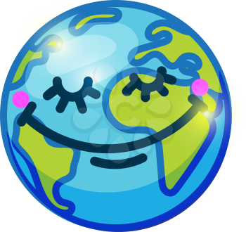 Smiling globe (Earth) in cartoon doodle style with pink flower on her head and clouds in the sky. For design, posters, cards, flyers, websites